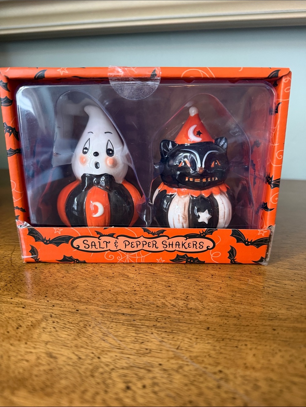 Johanna Parker Gus Ghost & Black Cat Halloween Salt Pepper Shakers NIB